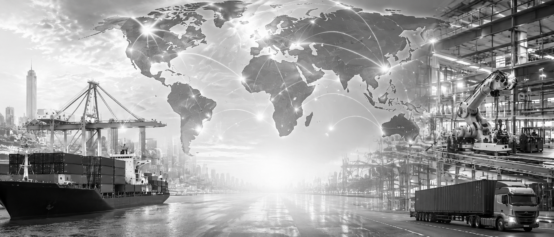 Business team and global manufacturing partnership